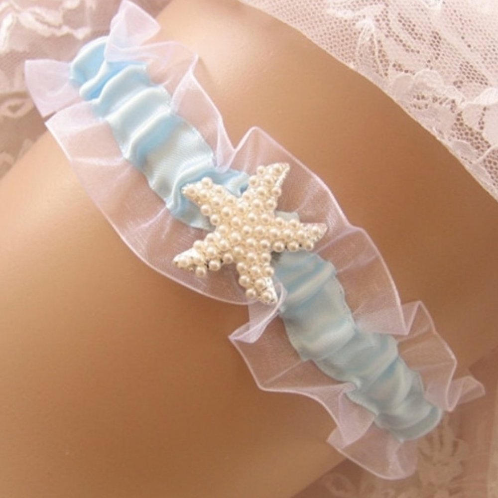 Something Blue Bridal Garter with Pearl Embellished Starfish Ornament NWT